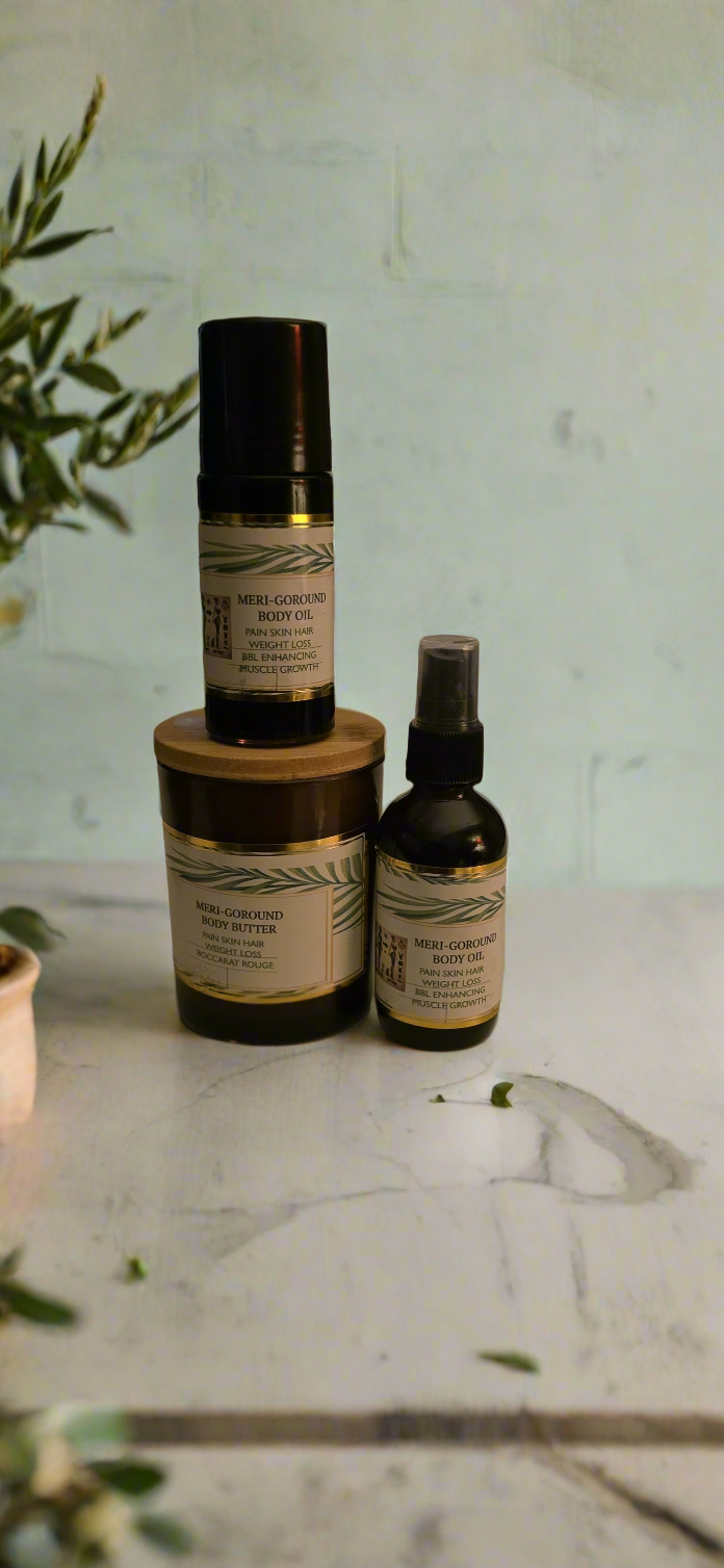 Meri-Gold-Round dual action chronic pain, body sculpting, mental clarity, hair growth, muscle stimulation all in one oil